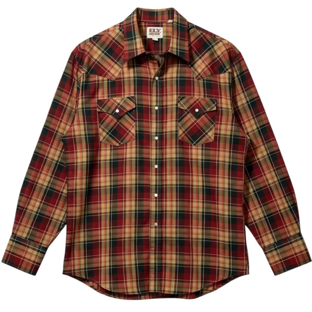 Vintage Ely Cattleman Shirt Mens XL Brown Rust Plaid Pearl Snap Rockabilly USA